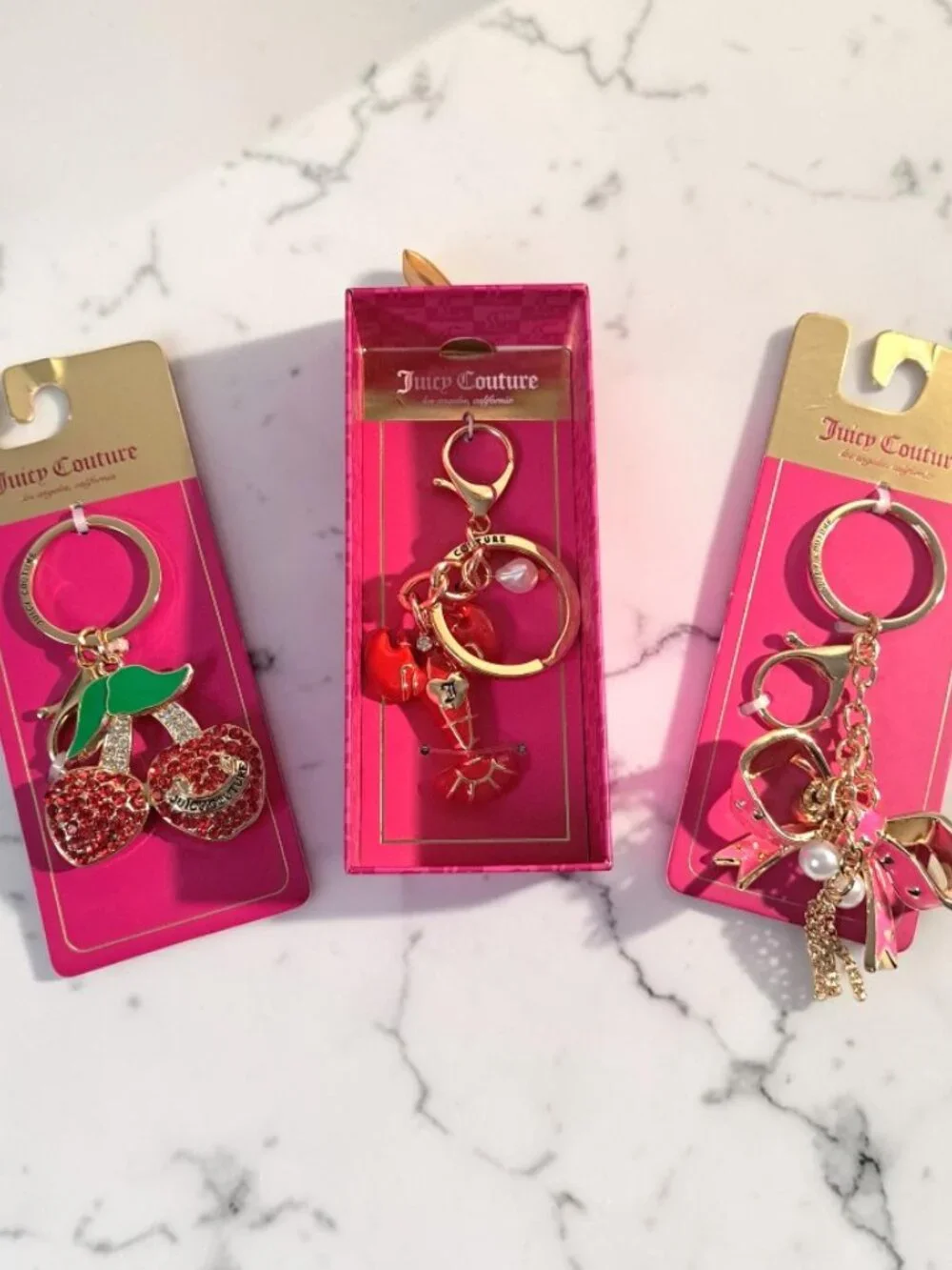 Juicy Couture Bow, Cherry & Red Lobster Charm Keychain Trio Set Bundle NWT